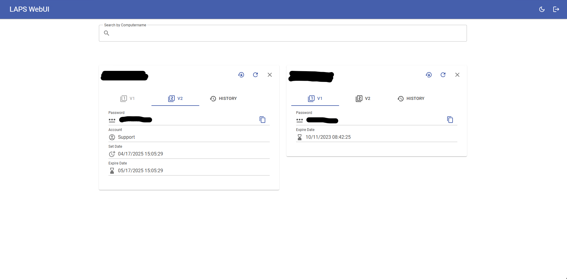 LAPS-WebUI password history view